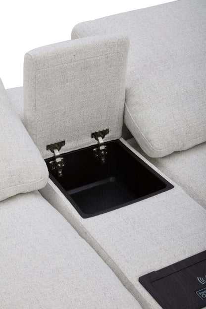 Sofa sectionnel à inclinaison électrique modulaire Sky 6 pièces en tissu avec console et coussins en duvet et plumes - blé Nathan