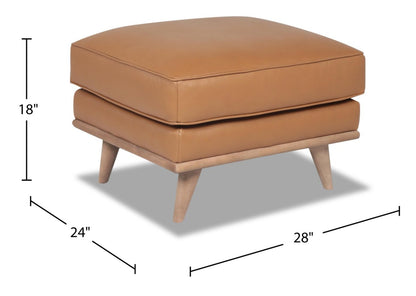 Ottoman Vivia 28 en cuir véritable avec base en bois - Brun caramel | Pouf Vivia de 28 po en cuir avec base en bois - brun caramel véritable