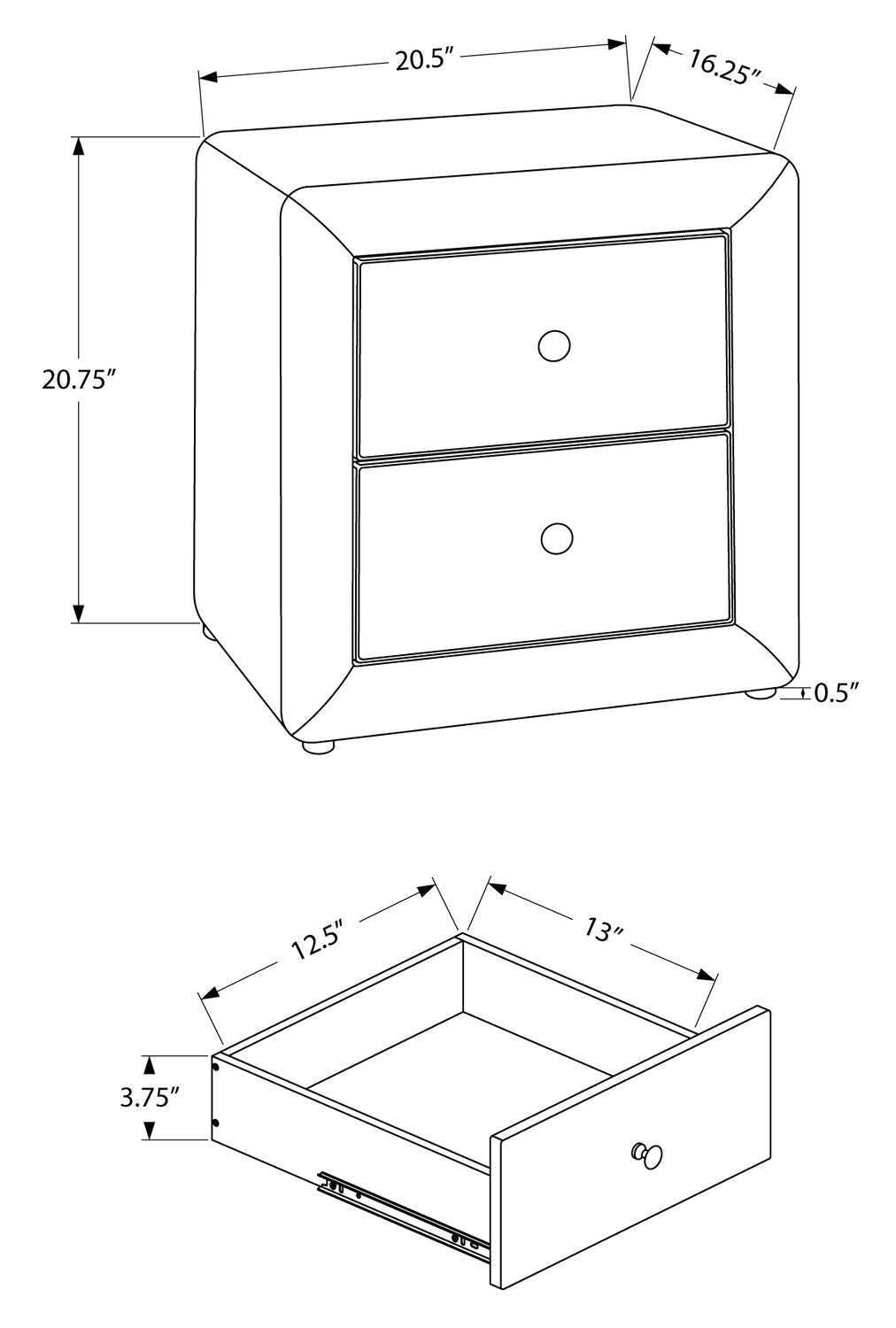 Table de nuit rembourrée à 2 tiroirs Zara, 20,5 L x 20,75 H - Gris | Table de nuit rembourrée Zara de 20,5 po (l) x 20,75 po (H) à 2 tiroirs - grise
