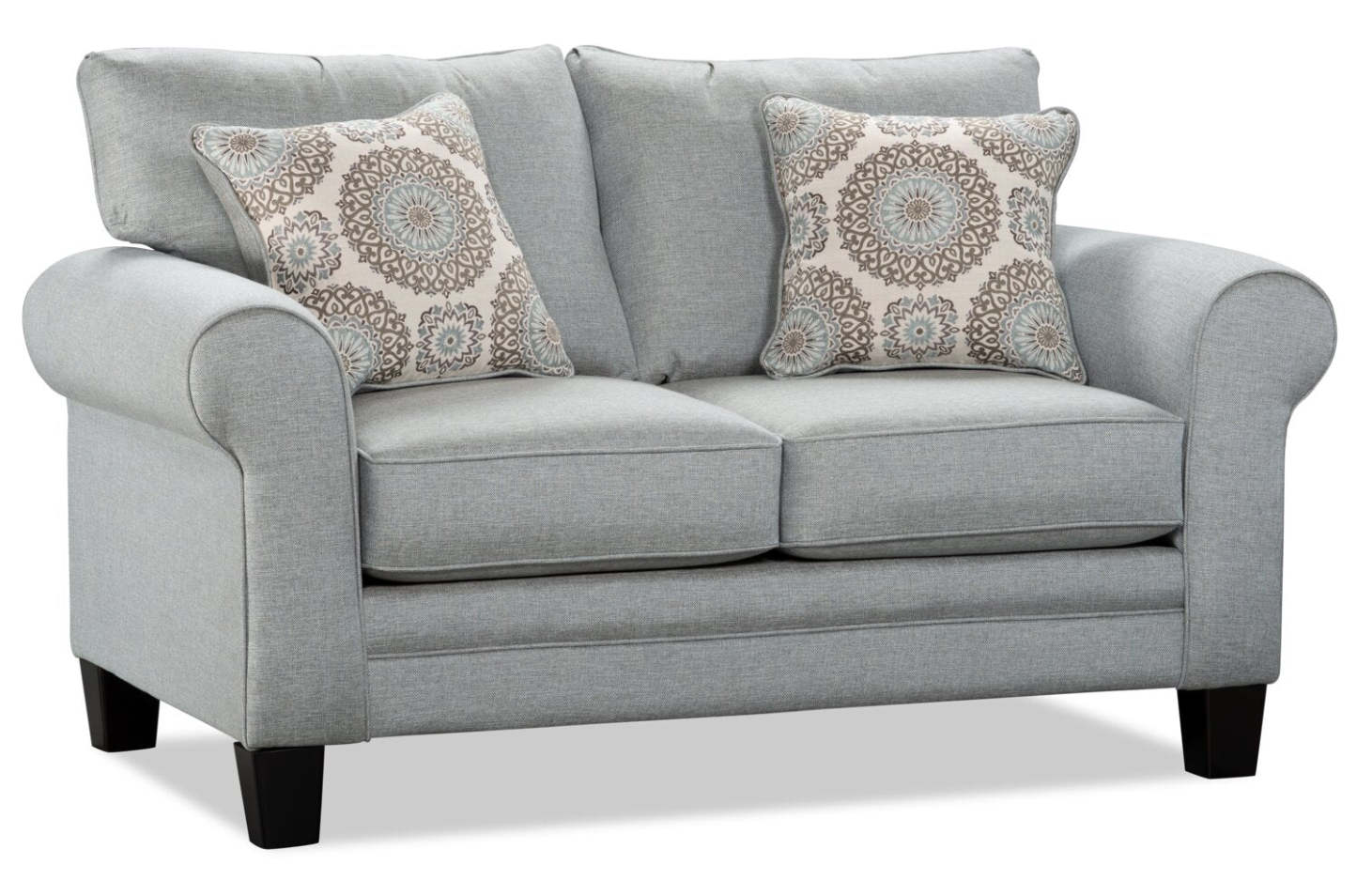 Made in Canada Tula 65 Fabric Loveseat with Rolled Arms and Accent Pillows - Mist Grey  | Causeuse Tula de 65 po fabriquée au Canada en tissu avec accoudoirs enroulés et coussins décoratifs - gris brume
