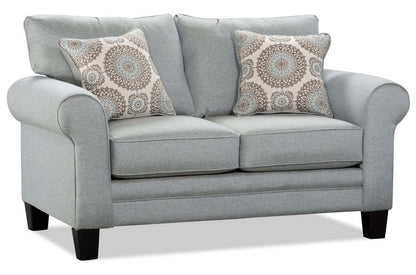 Made in Canada Tula 65 Fabric Loveseat with Rolled Arms and Accent Pillows - Mist Grey  | Causeuse Tula de 65 po fabriquée au Canada en tissu avec accoudoirs enroulés et coussins décoratifs - gris brume