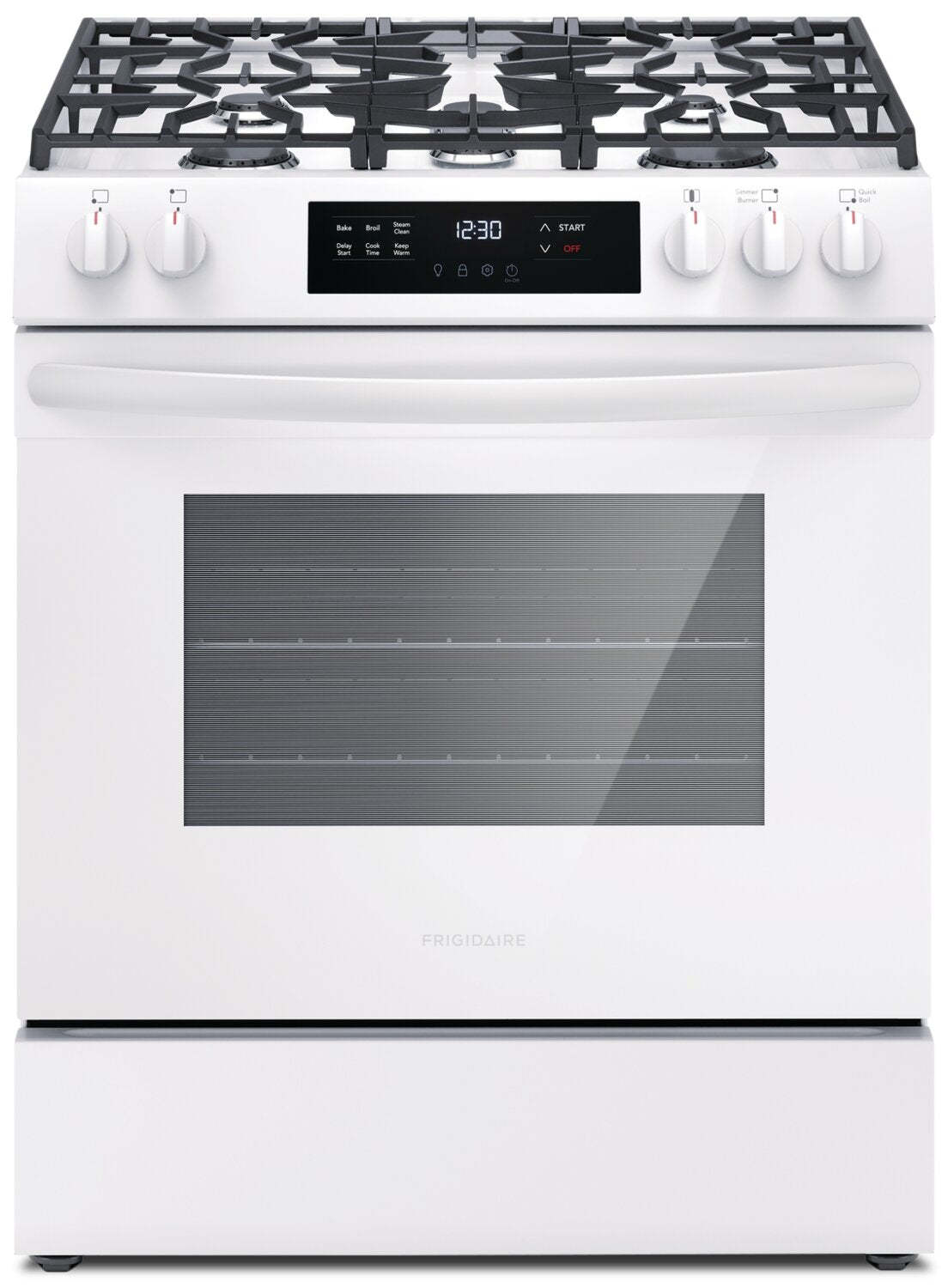 Cuisinière à gaz Frigidaire de 5,1 pi³ avec préchauffage rapide et surface de cuisson à 5 brûleurs - Blanc - FCFG3062AW | Frigidaire 5.1 Cu. Ft. Gas Range With Quick Preheat and Five Burner Cooktop -…