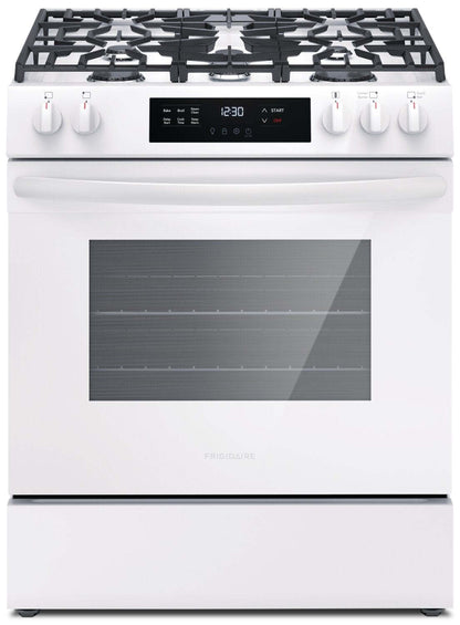 Cuisinière à gaz Frigidaire de 5,1 pi³ avec préchauffage rapide et surface de cuisson à 5 brûleurs - Blanc - FCFG3062AW | Frigidaire 5.1 Cu. Ft. Gas Range With Quick Preheat and Five Burner Cooktop -…