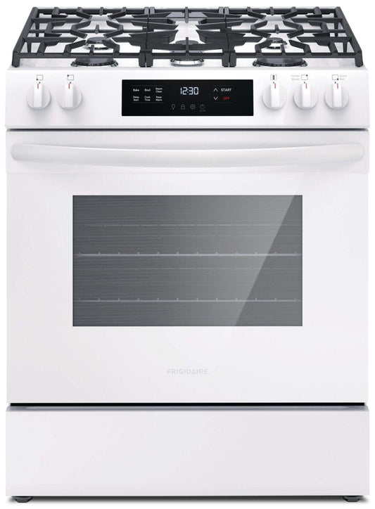 Cuisinière à gaz Frigidaire de 5,1 pi³ avec préchauffage rapide et surface de cuisson à 5 brûleurs - Blanc - FCFG3062AW | Frigidaire 5.1 Cu. Ft. Gas Range With Quick Preheat and Five Burner Cooktop -…