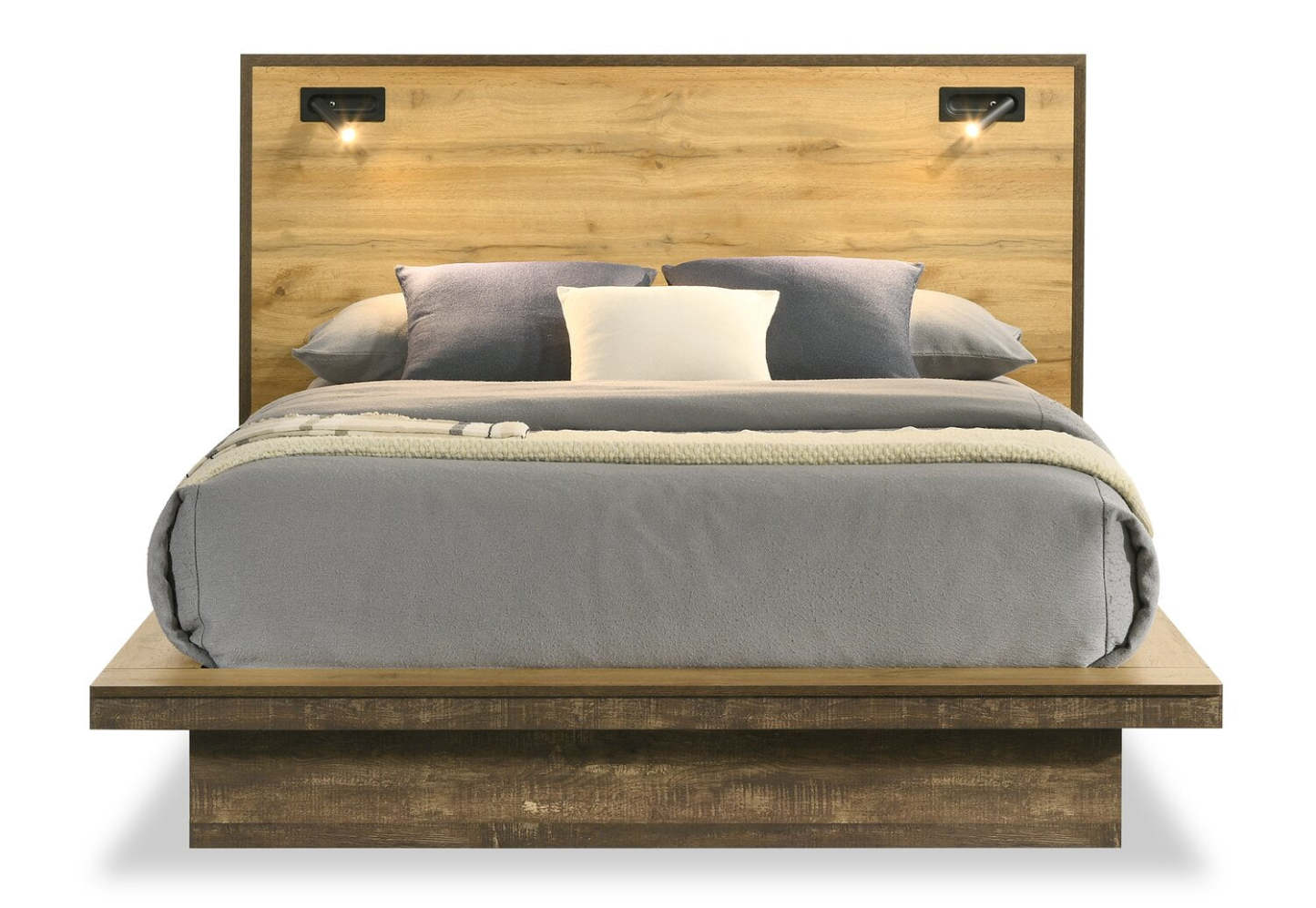 Lit plateforme Silas avec tête de lit et cadre, LED, brun rustique - Pleine grandeur | Lit plateforme Silas brun rustique avec tête de lit, cadre et éclairage à DEL - format lit double