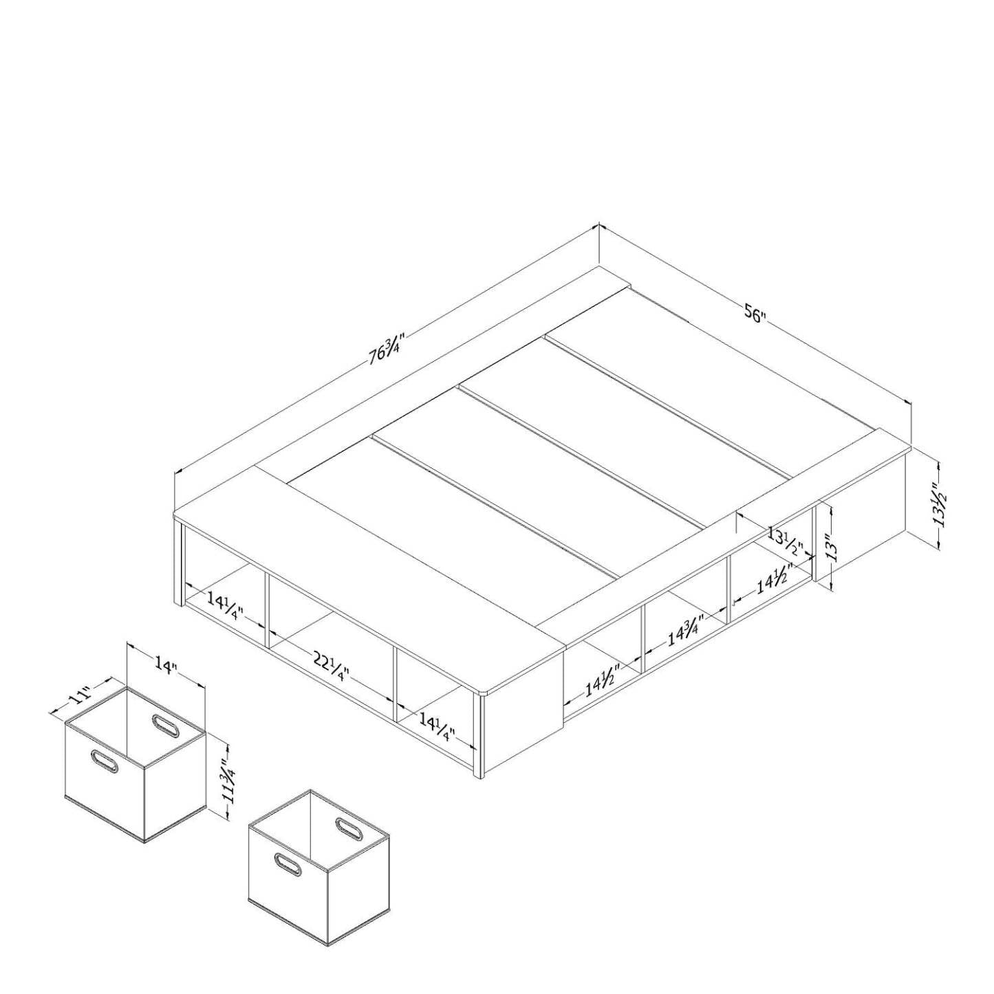Lit plateforme Everley avec rangement et paniers intégrés, blanc - Pleine grandeur | Lit plateforme Everley avec rangement et paniers intégrés, blanc - format lit double