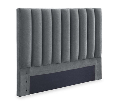 Lit de rangement Amos rembourré en tissu anthracite avec tête de lit à canaux et 3 tiroirs intégrés - format grand lit