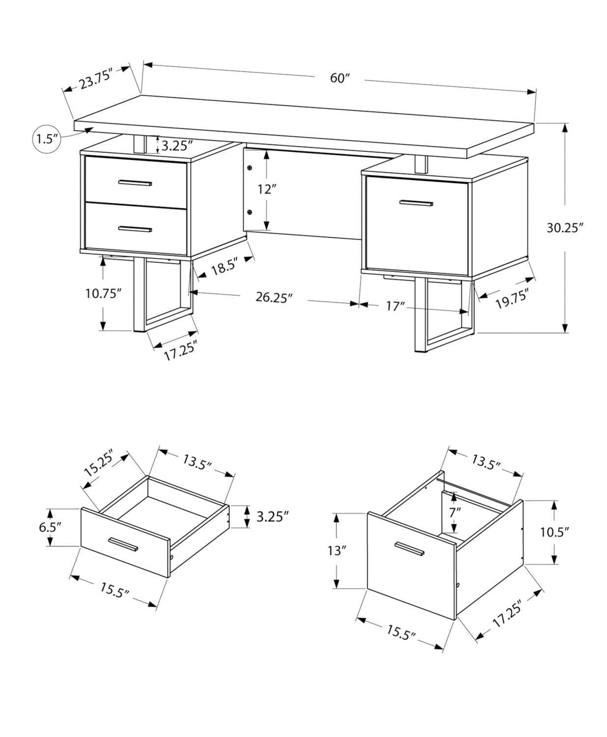 Bureau réversible Teagan 60 avec 3 tiroirs - Gris clair|Bureau réversible Teagan de 60 po à 3 tiroirs - gris clair
