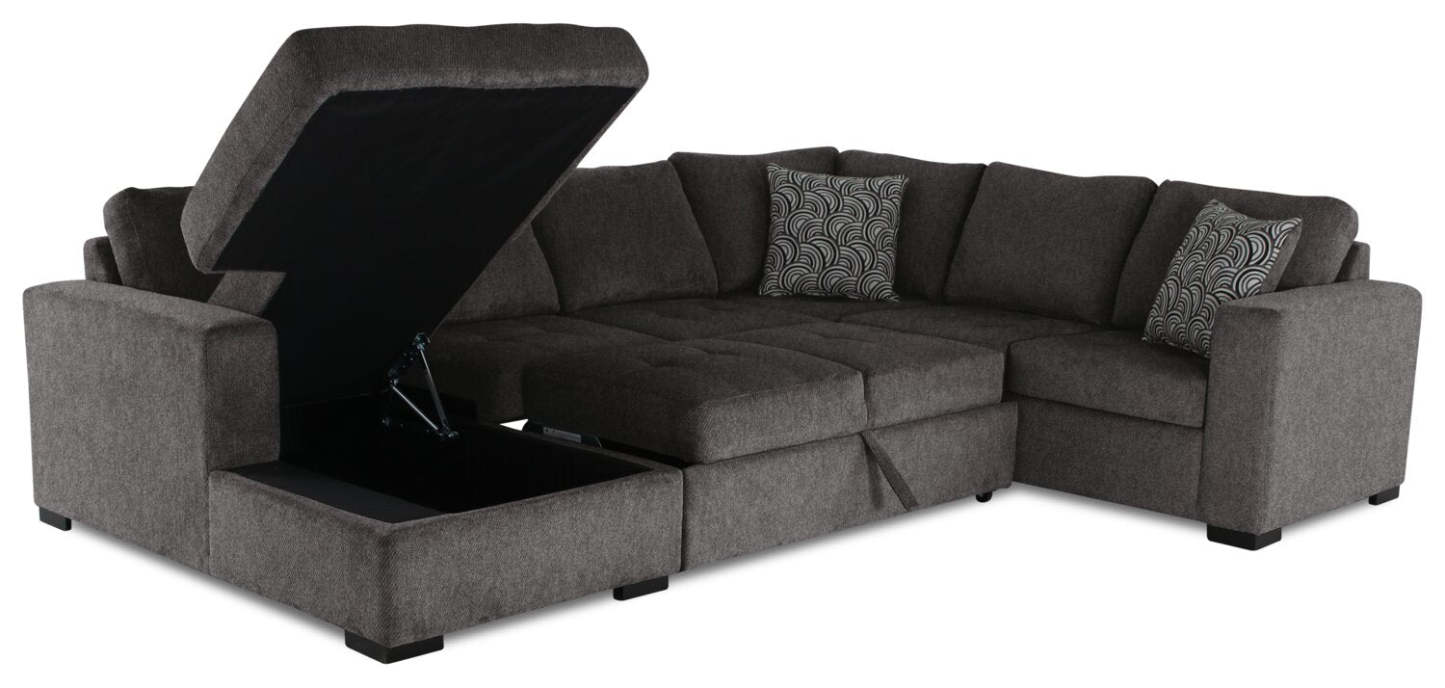 Made in Canada Legend 4-Piece Left-Facing Chenille Fabric Sleeper Sectional with Storage Chaise - Pewter Brown | Canapé-lit sectionnel de gauche Legend 4 pièces fabriqué au Canada en tissu de chenille avec chaise longue de rangement - brun étain
