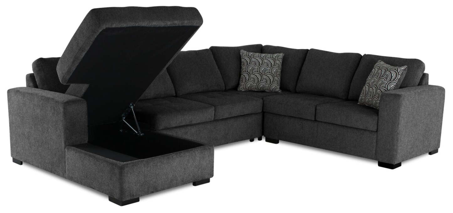 Fabriqué au Canada, sectionnel convertible Legend 4 pièces en tissu chenille avec chaise longue de rangement - gris poivre