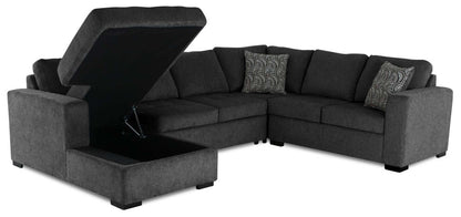 Fabriqué au Canada, sectionnel convertible Legend 4 pièces en tissu chenille avec chaise longue de rangement - gris poivre