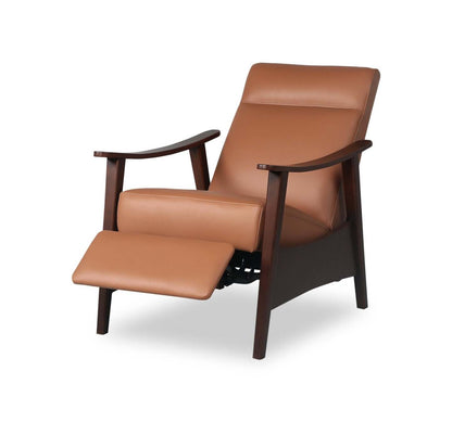 Aydin 27.5 Fauteuil d’appoint à inclinaison par poussée en cuir véritable avec accoudoirs et pattes en bois - orange chameau