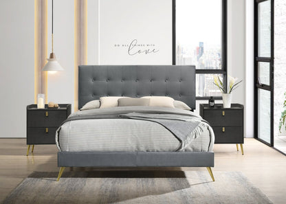 Gabi Upholstered Bed in Charcoal Velvet Fabric with Gold Finish Legs, Button Tufted - King Size | Lit rembourré Gabi en tissu de velours anthracite avec pattes au fini doré et capitonnage à boutons - format très grand lit