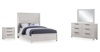 Ensemble de chambre à coucher Haven 6 pièces blanc avec lit à panneaux, commode, miroir et table de nuit - format grand lit | Haven 6pc Bedroom Set with Panel Bed, Dresser, Mirror & Nightstand, White - Queen Size
