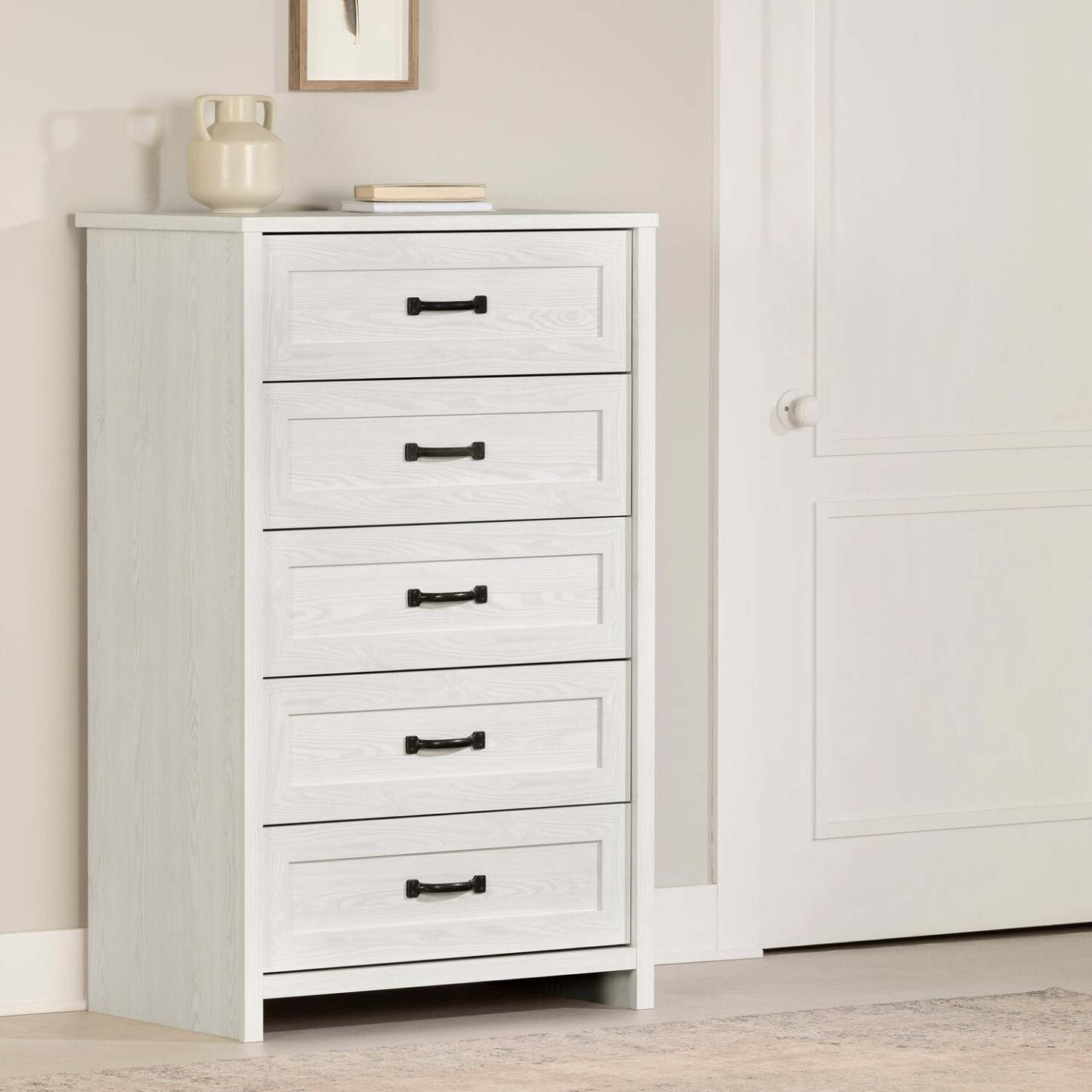 Commode de chambre à coucher Dove, 5 tiroirs, 30,5 L x 49 H, fabriquée au Canada - Blanc | Commode verticale Dove de 30,5 po (L) x 49 po (H) à 5 tiroirs pour la chambre à coucher, fabriquée au Canada - blanche