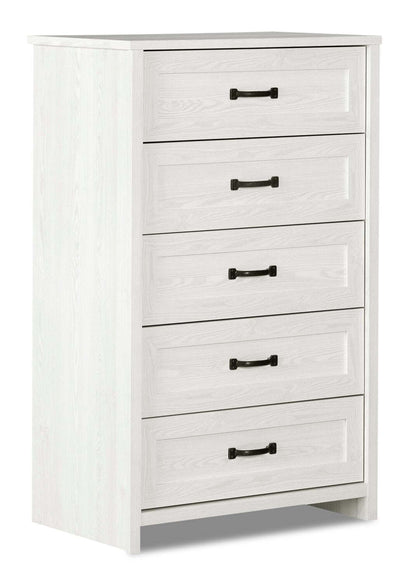 Commode de chambre à coucher Dove, 5 tiroirs, 30,5 L x 49 H, fabriquée au Canada - Blanc | Commode verticale Dove de 30,5 po (L) x 49 po (H) à 5 tiroirs pour la chambre à coucher, fabriquée au Canada - blanche