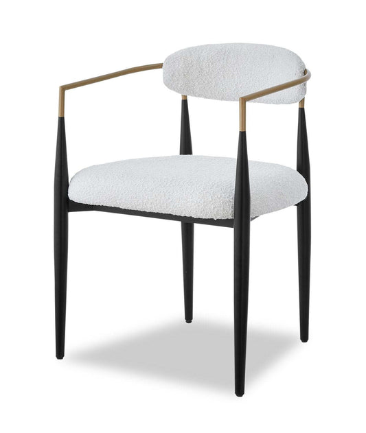 Kort &amp; Co. Fauteuil de salle à manger Capri avec tissu bouclé et accents dorés, métal - Blanc | Chaise de salle à manger à accoudoirs Capri de Kort &amp; Co. en métal avec tissu bouclé et touches dorées - blanche