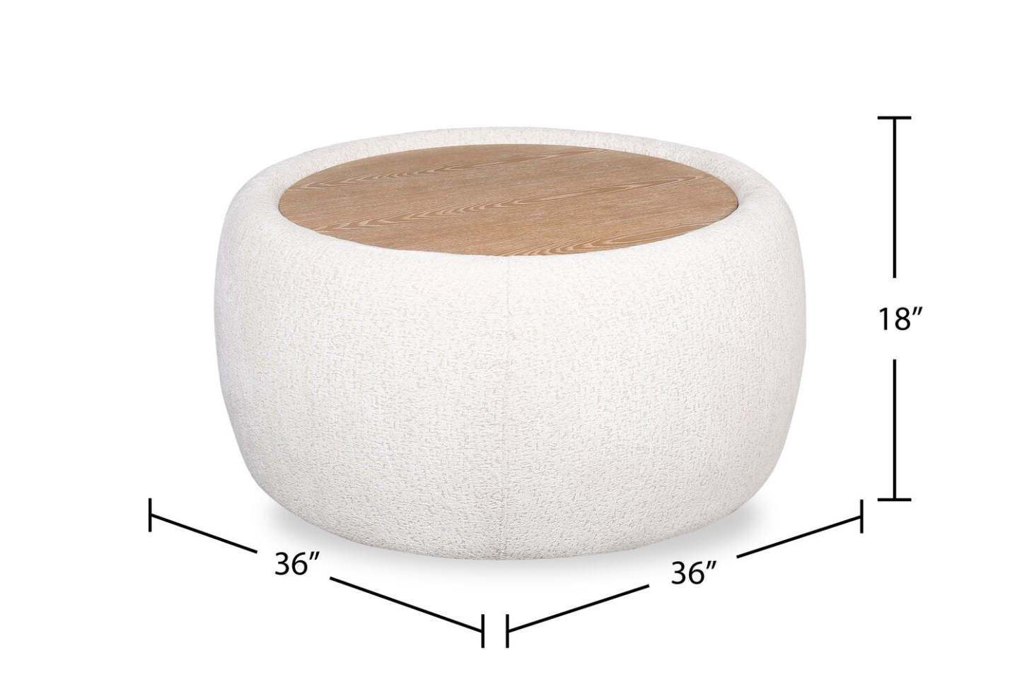 Ottomane cocktail en tissu chenille Rio 36 avec dessus et pieds en bois - Blanc albâtre | Pouf table à café Rio de 36 po en tissu de chenille avec dessus et pattes en bois - blanc albâtre