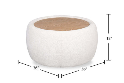 Ottomane cocktail en tissu chenille Rio 36 avec dessus et pieds en bois - Blanc albâtre | Pouf table à café Rio de 36 po en tissu de chenille avec dessus et pattes en bois - blanc albâtre
