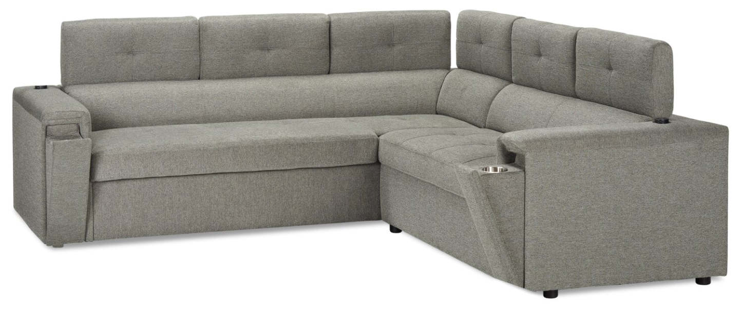 Savvy 2-Piece Left-Facing Linen-Look Fabric Sectional with Adjustable Headrests, Cupholders and USB Port - Grey | Sofa sectionnel de gauche Savvy 2 pièces en tissu d’apparence lin avec appuie-têtes réglables, porte-gobelets et port USB - gris
