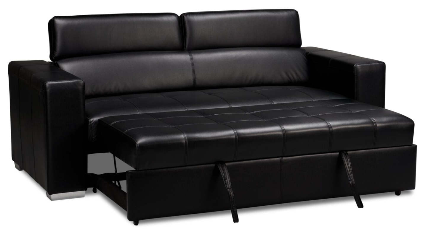Sofa-lit Drake de 87 po en tissu d’apparence cuir avec lit rétractable, appuie-têtes relevables et capitonnage à boutons - noir