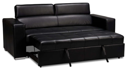 Sofa-lit Drake de 87 po en tissu d’apparence cuir avec lit rétractable, appuie-têtes relevables et capitonnage à boutons - noir