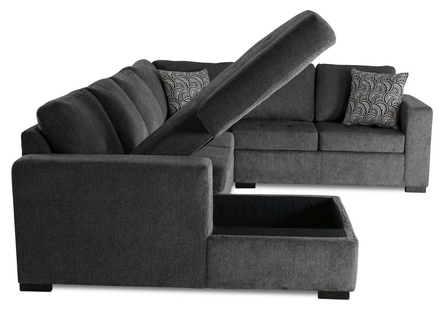 Fabriqué au Canada, sectionnel convertible Legend 4 pièces en tissu chenille avec chaise longue de rangement - gris poivre