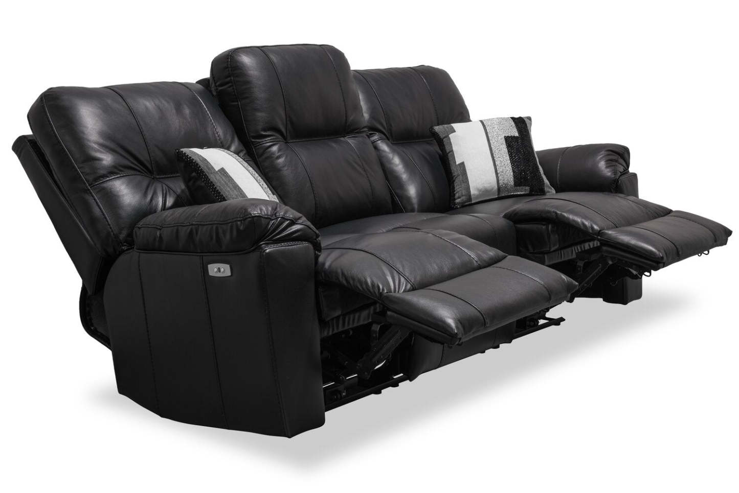 Sofa à inclinaison électrique Dawson de 87 po fabriqué au Canada en cuir véritable avec port USB et oussins décoratifs - noir