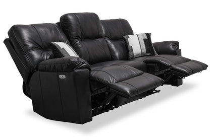 Sofa à inclinaison électrique Dawson de 87 po fabriqué au Canada en cuir véritable avec port USB et oussins décoratifs - noir