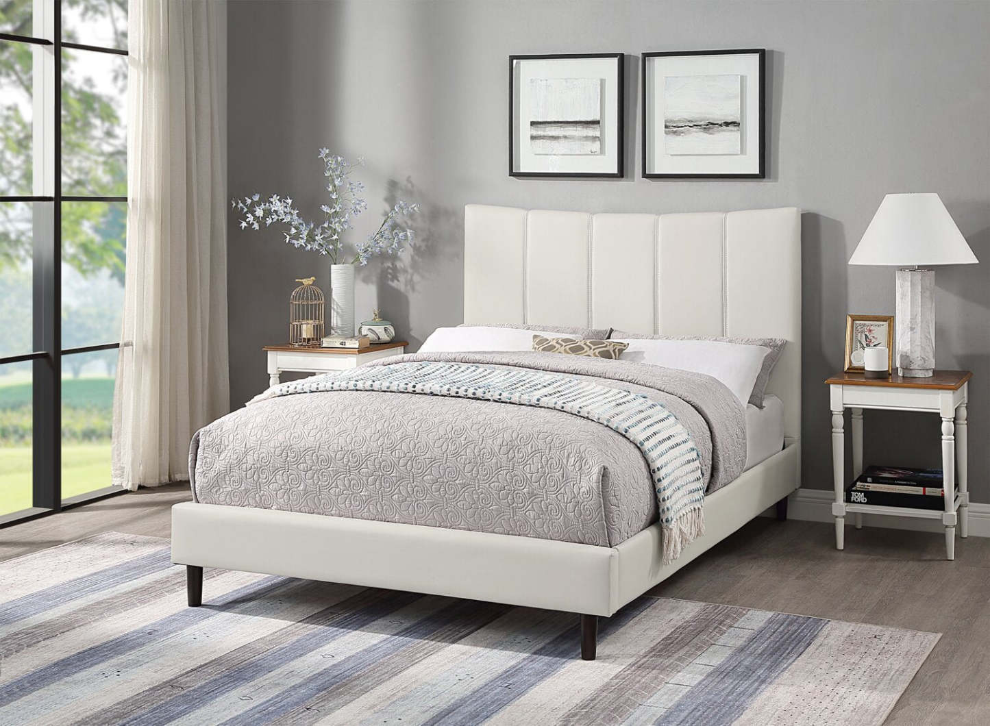 Lit plateforme Paseo en tissu de cuir végétalien taupe - Pleine grandeur | Lit plateforme rembourré Paseo en tissu de cuir végétalien taupe - format lit double