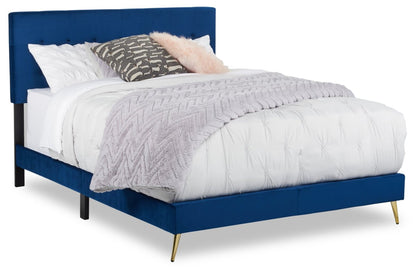 Gabi Upholstered Bed in Blue Velvet Fabric with Gold Finish Legs, Button Tufted - King Size | Lit rembourré Gabi en tissu de velours bleu avec pattes au fini doré et capitonnage à boutons - format très grand lit