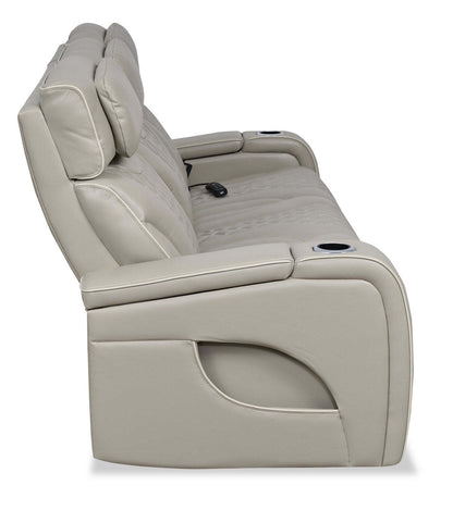 Elite 86 Genuine Leather Massage Power Reclining Sofa with Power Headrests and Storage Arms - Grey | Sofa de massage à inclinaison électrique Elite de 86 po en cuir véritable avec appuie-têtes électriques et accoudoirs de rangement - gris