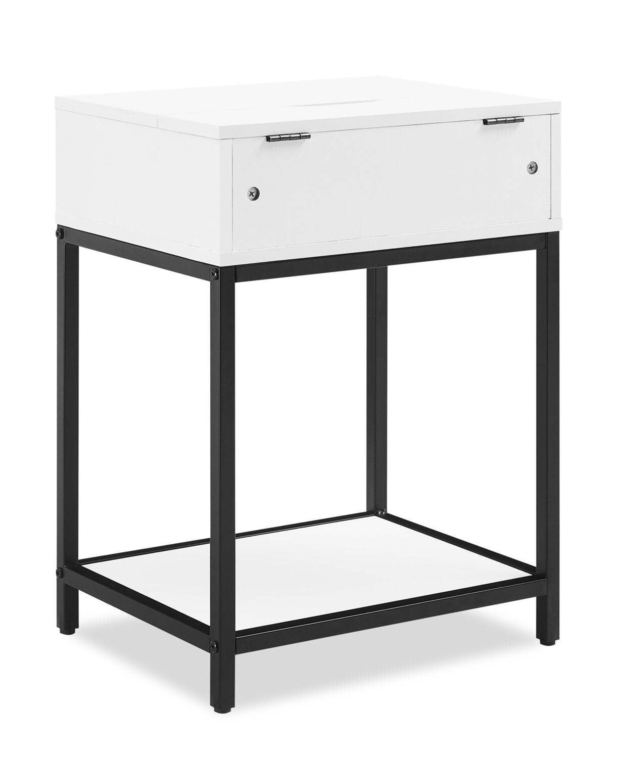 Table de nuit Akio à 1 tiroir avec rangement relevable, 18 L x 25,75 H - Blanc/Noir | Table de nuit Akio de 18 po (l) x 25,75 po (H) à 1 tiroir avec dessus relevable et rangement - blanche et noire