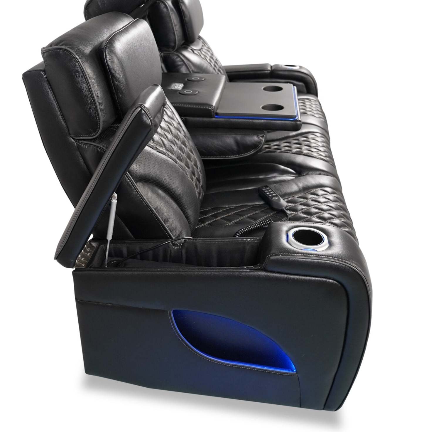 Sofa de massage à inclinaison électrique Elite de 86 po en cuir véritable avec appuie-têtes électriques et accoudoirs de rangement - noir
