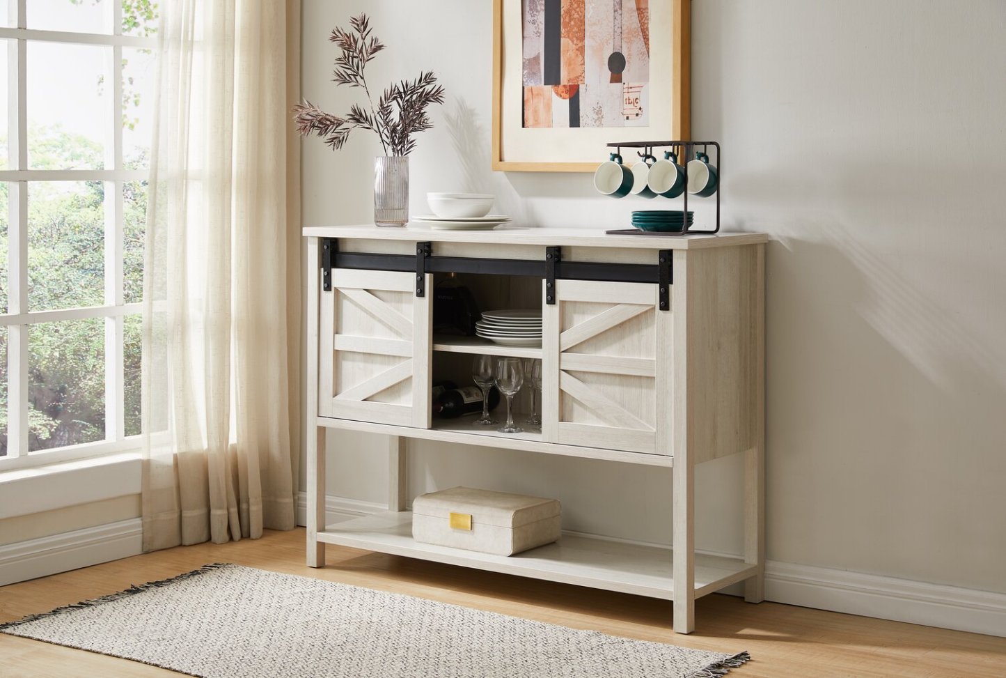 Corbin 47.25 Armoire d'appoint avec portes de grange coulissantes - Chêne blanc|Armoire décorative Corbin de 47,25 po avec portes de grange coulissantes - chêne blanc