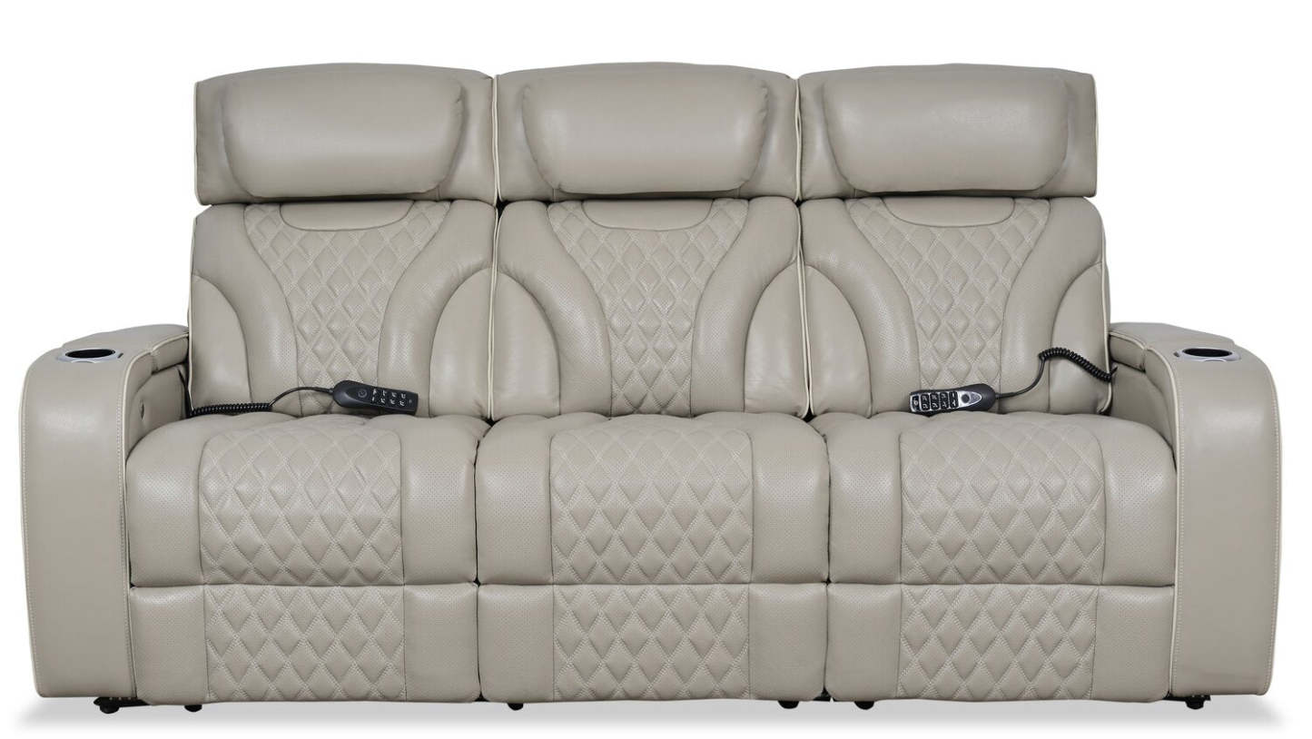 Elite 86 Genuine Leather Massage Power Reclining Sofa with Power Headrests and Storage Arms - Grey | Sofa de massage à inclinaison électrique Elite de 86 po en cuir véritable avec appuie-têtes électriques et accoudoirs de rangement - gris