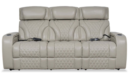 Elite 86 Genuine Leather Massage Power Reclining Sofa with Power Headrests and Storage Arms - Grey | Sofa de massage à inclinaison électrique Elite de 86 po en cuir véritable avec appuie-têtes électriques et accoudoirs de rangement - gris