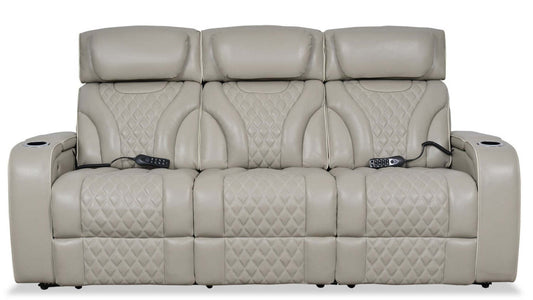 Elite 86 Genuine Leather Massage Power Reclining Sofa with Power Headrests and Storage Arms - Grey | Sofa de massage à inclinaison électrique Elite de 86 po en cuir véritable avec appuie-têtes électriques et accoudoirs de rangement - gris