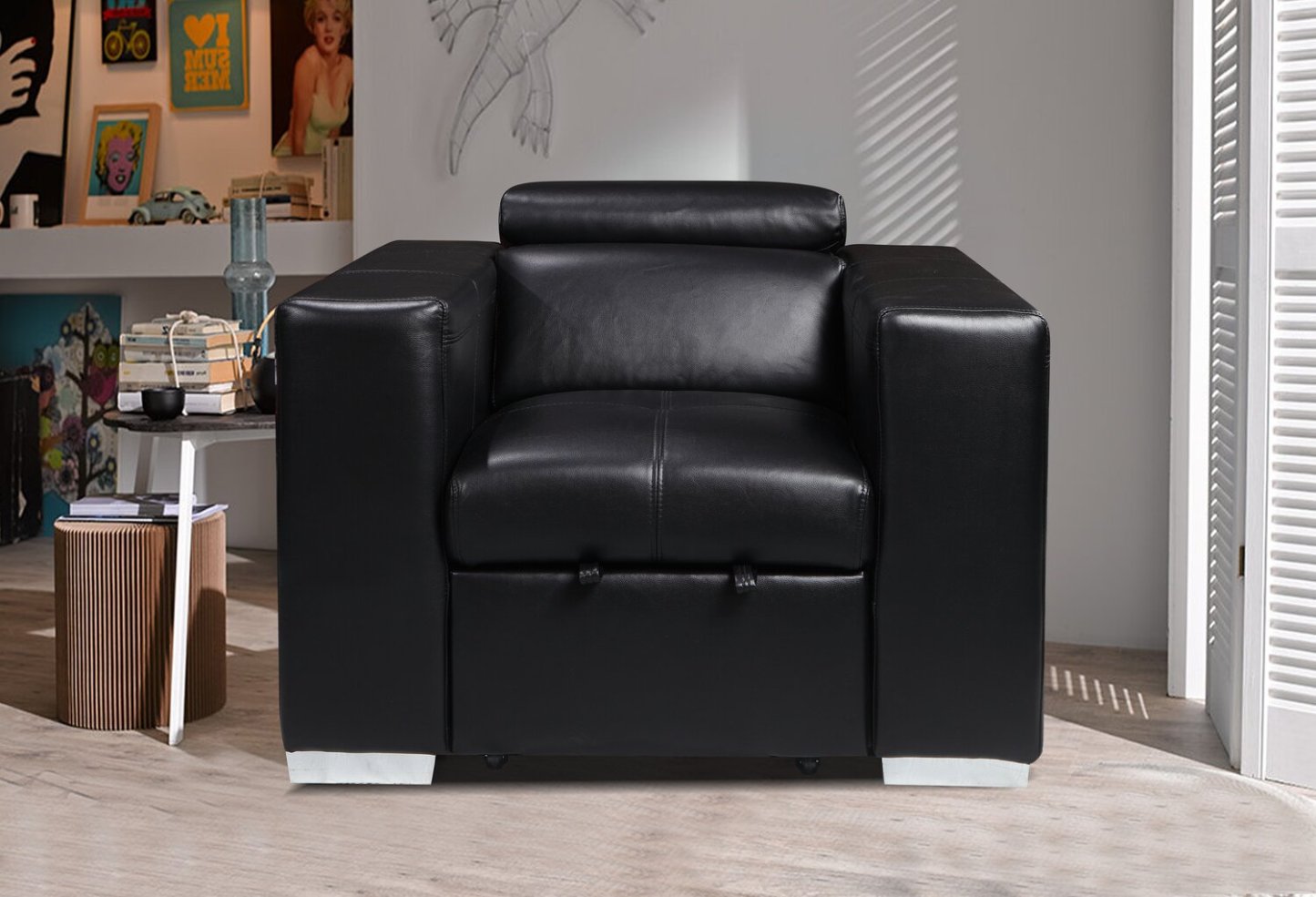 Fauteuil Drake de 41,5 po en tissu d’apparence cuir avec pouf rétractable et appuie-têtes relevables - noir