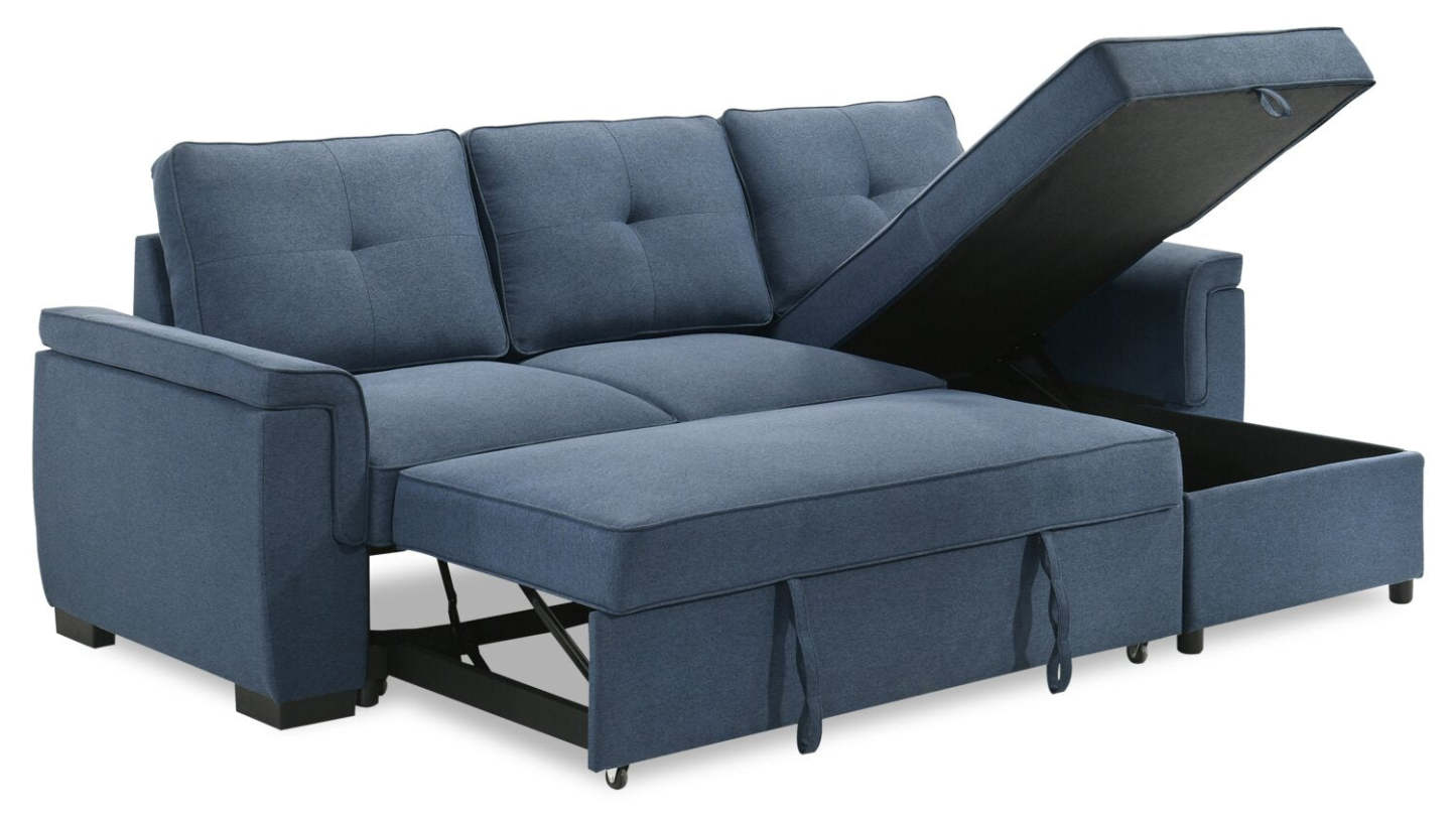 Sofa-lit sectionnel réversible Eden 2 pièces en tissu avec fauteuil long de rangement et coussins de dossier amovibles - bleu