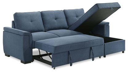 Sofa-lit sectionnel réversible Eden 2 pièces en tissu avec fauteuil long de rangement et coussins de dossier amovibles - bleu