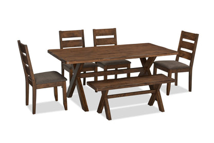 Plum 6pc Dining Set with Table, Bench & 4 Chairs, Wood, Live-Edge Look, 70.75W- Nutmeg Brown | Ensemble de salle à manger Plum 6 pièces en bois avec table de 70,75 po (L), apparence de bordures Live Edge, banc et 4 chaises - brun muscade