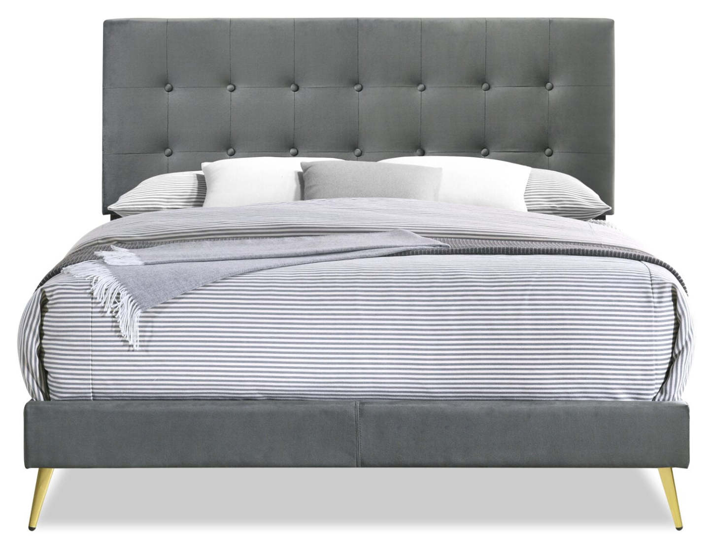 Gabi Upholstered Bed in Charcoal Velvet Fabric with Gold Finish Legs, Button Tufted - King Size | Lit rembourré Gabi en tissu de velours anthracite avec pattes au fini doré et capitonnage à boutons - format très grand lit