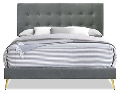 Gabi Upholstered Bed in Charcoal Velvet Fabric with Gold Finish Legs, Button Tufted - King Size | Lit rembourré Gabi en tissu de velours anthracite avec pattes au fini doré et capitonnage à boutons - format très grand lit