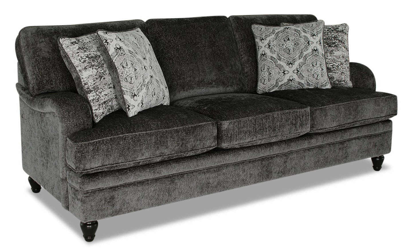 Sofa Bellmont de 89 po fabriqué au Canada en tissu de chenille avec coussins réversibles et pattes en bois - gris anthracite