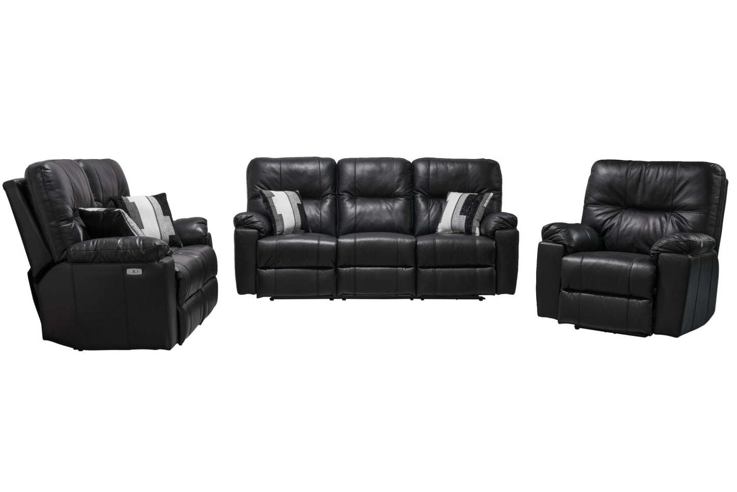 Sofa à inclinaison électrique Dawson de 87 po fabriqué au Canada en cuir véritable avec port USB et oussins décoratifs - noir
