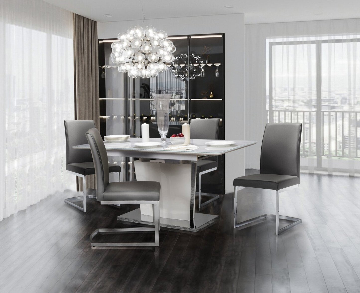 Naya 5pc Dining Package with 63-78.75W Extension Table & 4 Chairs - Faux White Marble & Grey | Ensemble de salle à manger Naya 5 pièces avec table à rallonge, 63 po à 78,75 po (L), et 4 chaises - imitation de marbre blanc et gris