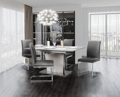 Naya 5pc Dining Package with 63-78.75W Extension Table & 4 Chairs - Faux White Marble & Grey | Ensemble de salle à manger Naya 5 pièces avec table à rallonge, 63 po à 78,75 po (L), et 4 chaises - imitation de marbre blanc et gris