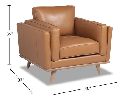 Chaise Vivia 40 en cuir véritable avec coussin de siège amovible et base en bois - Brun caramel | Fauteuil Vivia de 40 po en cuir avec coussin de siège amovible et base en bois véritable - brun caramel