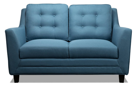 Causeuse Novalee de 57 po en tissu d’apparence lin avec accoudoirs évasés et capitonnage à boutons - bleue